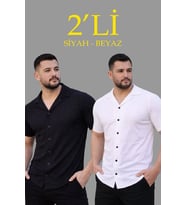 Erkek Waffle Kumaş Açık Yakalı Düğmeli Regular Fit Gömlek 2 li Set Siyah-Beyaz
