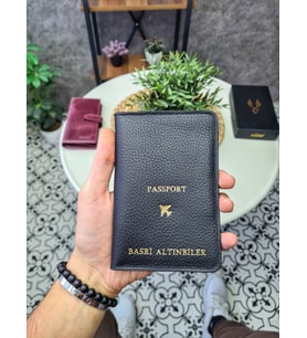 VİSSO 911 Hakiki Deri Kişiye Özel Pasaport Kılıfı İsme Özel Pasaport Kabı Pasaportluk Çanta UÇAK LOGO SİYAH GUTTY