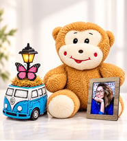Kişiye Özel Fotoğraflı Peluş Maymun ve Mavi Vosvos Minibüs Masa Lambası Hediye Seti