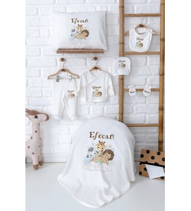 Pia Baby Premium İsmine Özel Yenidoğan Erkek Bebek Hastane Çıkışı Seti %100 Pamuk 5041-02 (Ekru)