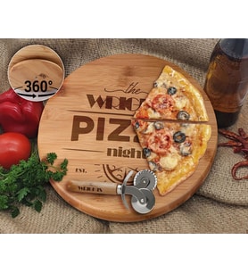 BK Gift Kişiye Özel İsimli Bambu Ahşap Döner Tablalı Pizza Tahtası-4, Pizza Kesme Tahtası Seti, Şarküteri Tahtası, Servis Tepsisi, Ahşap Tabak, Eve Taşınma Hediyesi