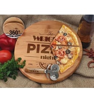 BK Gift Kişiye Özel İsimli Bambu Ahşap Döner Tablalı Pizza Tahtası-4, Pizza Kesme Tahtası Seti, Şarküteri Tahtası, Servis Tepsisi, Ahşap Tabak, Eve Taşınma Hediyesi