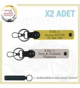 Biker Dostlarına İsim Plaka ve B Rh (-) Kan Grubu Yazılı Deri x2' li Set Anahtarlık, Pudra-Sarı-Laci (Çok Renkli)