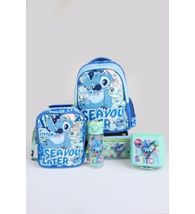 x Dekomus Lisanslı Stitch "Iconic Blue Collection" Okul, Termoslu Beslenme Ve Kalem Çantası, 500 Ml Matara Ve Beslenme Kabı Seti