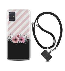 Samsung a71 A72 A73 A7 A9 2018 C7 C9 Kılıf Boyun Askılı Silikon Strip Pink Flowers 1396