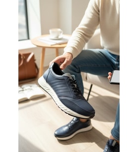 Enoch Hakiki Deri Lacivert Yatay Dikiş Detaylı Erkek Sneaker Ortopedik Taban