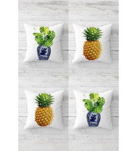 Ananas Ve Tropikal Yapraklar Desen Gizli Fermuarlı Kırlent Kılıfı Koltuk Yastık Kılıfı Takım(4adet) (Yeşil)