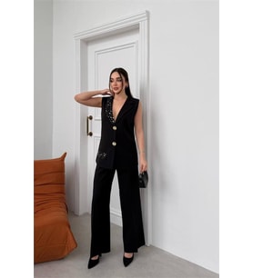 kadın siyah taş işlemeli düğme detaylı kolsuz blazer ceket pantolon takım NBSTR1030