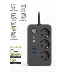 Blic Ftr-02 Akım Korumalı 3Lü Grup Priz - 2500W, 20W PD USB-C ve 2x USB-A Hızlı Şarj, 2 Metre