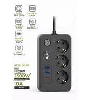 Blic Ftr-02 Akım Korumalı 3Lü Grup Priz - 2500W, 20W PD USB-C ve 2x USB-A Hızlı Şarj, 2 Metre