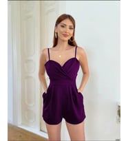 Askılı kruvaze yaka şort tulum (mürdüm)