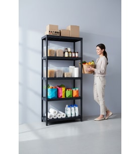 5 Katlı Plastik Depo Rafı (43x93×210cm) Kiler, Arşiv, Balkon ve Soğuk Hava Deposu Çok Amaçlı Raf (Siyah)