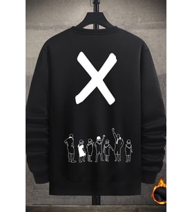 Unisex Design X Baskılı Bisiklet Yaka Sweatshirt (Siyah)