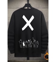 Unisex Design X Baskılı Bisiklet Yaka Sweatshirt (Siyah)
