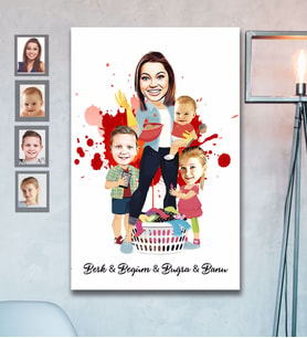 Kişiye Özel Anneler Günü Anne ve Çocukları Karikatürlü Ahşap Tablo 30x47 Model-1