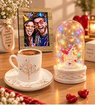 Kişiye Özel Fotoğraflı Hayat Ağacı Porselen Kahve Fincanı ve Renkli LED Işıklı Unicornlu Fanus