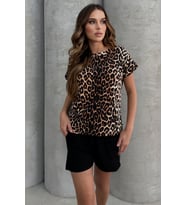 Lesa Wear Leopar Desenli Soft Touch Geniş Yaka Oversize T-shirt
