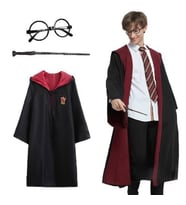 Harry Potter Gryffindor Kapişonlu Çocuk Kostüm + Asa + Gözlük Seti 7-8 Yaş