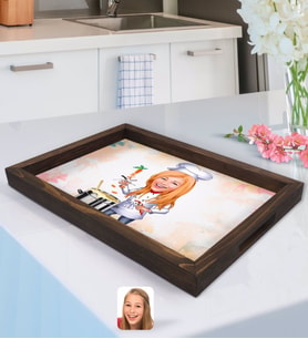 BK Gift Kişiye Özel Kadın Chef Karikatürlü Doğal Ahşap Tepsi-1