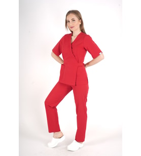 Kırmızı Elegant Model Cerrahi Üniforma Belden Bağlamalı Scrubs Takım