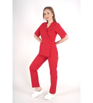 Kırmızı Elegant Model Cerrahi Üniforma Belden Bağlamalı Scrubs Takım
