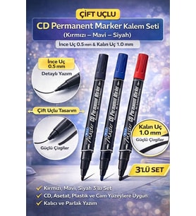 Çift Uçlu CD Permanent Marker 3'lü Set (Kırmızı – Mavi – Siyah) İnce Uç 0.5 mm & Kalın Uç 1.0 mm