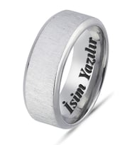 Kişiye Özel İsim Yazılı Köşeli 8mm Mat Fırçalanmış Düz Unisex Çelik Yüzük Alyans cl48y (Beyaz)