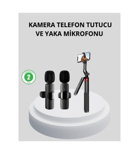 Kablosuz Çift Yaka Mikrofon ve Tripodlu Selfie Çubuğu Seti