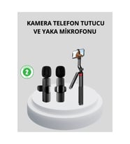 Kablosuz Çift Yaka Mikrofon ve Tripodlu Selfie Çubuğu Seti