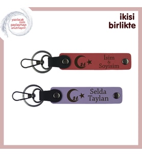 Eşe  Anlamlı Hediye – Çocuk Ve Ayyıldız Temalı Kişisel Deri Anahtarlık Seti 2'li, Nar Çiçeği-Mor (Çok Renkli)