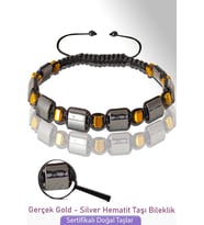 Sertifikalı Gerçek Gold - Silver Hematit Taşı Bileklik - Ayarlamalı (Çok Renkli)