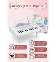 Mikrofonlu 24 Tuşlu Pembe Çocuk Piyanosu - Telefon Bağlantılı Eğitici Işıklı Org Müzik Seti