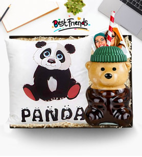 Kişiye Özel Yeşil Şapkalı Ayıcık Pipetli Bardak & Sevimli Panda Yastık