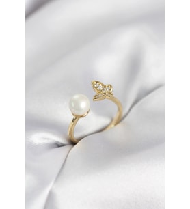 Pilelistore  Kelebek İncili Model Gold Renk Zirkon Taşlı Kadın Yüzük