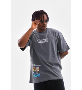 Unisex Bisiklet Yaka Baskılı Oversize T-Shirt - Gri