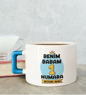 BK Gift Kişiye Özel Babalar Günü Tasarımlı Mavi Kulplu Çay & Kahve Fincanı-13, Babaya Hediye, Babalar Günü Hediyesi
