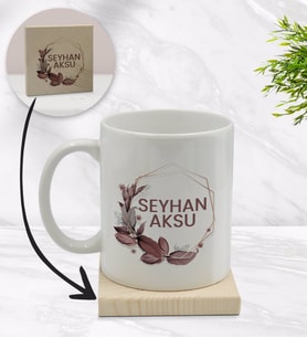 BK Gift Kişiye Özel Çiçek Tasarımlı Beyaz Kupa Bardak ve Ahşap Bardak Altlığı Hediye Seti - Model 13