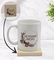 BK Gift Kişiye Özel Çiçek Tasarımlı Beyaz Kupa Bardak ve Ahşap Bardak Altlığı Hediye Seti - Model 13