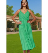 Pileli Midi Elbise Polyester Örme Yazlık Günlük Şık Özenle Seçilmiş Modern Stil Zarifane Tasarım (Yeşil)