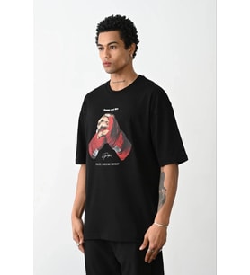 Erkek Boxy Eldiven Baskılı T-Shirt Kısa Kol Bisiklet Yaka Tişört - Siyah