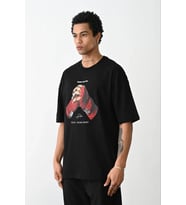 Erkek Boxy Eldiven Baskılı T-Shirt Kısa Kol Bisiklet Yaka Tişört - Siyah