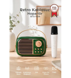 Torima Bluetooth Hoparlör Nostaljik Radyo Mikrofonlu Rgb Işıklı TWS USB TF Speaker BTS-1956 Yeşil