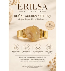 Sertifikalı Golden Akik Taşı Doğal Taş Yüzük Bakır Kasa Gold Kaplama Ayarlanabilir