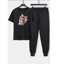 Unisex Sevimli Kedi Baskılı 2'li Eşofman Takımı (Siyah)