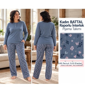 LANA Kadın Battal Pamuk Likralı Raporlu İnterlok Kışlık Pijama Takımı 245/16 - 1 Adet