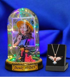 Kişiye Özel Renkli Led Işıklı Fanus ve Renkli Zümrüdü Anka Kuşu Kolyesi (Model 7)