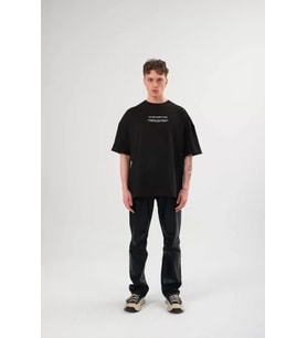 Unisex Bisiklet Yaka Baskılı Oversize T-Shirt - Siyah