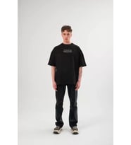 Unisex Bisiklet Yaka Baskılı Oversize T-Shirt - Siyah