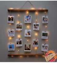 Kişiye Özel 12 Fotoğraflı Mandallı Led Işıklı Masif Ahşap Jüt İpli Duvara Fotoğraf Çerçeve Askısı