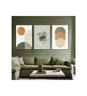 3'Lü Kanvas Tablo Seti Modern Soyut Yeşil Çiçek ve Yuvarlak Desenler